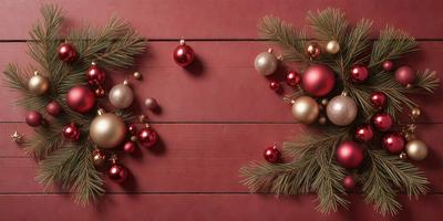 The primary subject of the image is a red wooden wall with a decorative arrangement of Christmas ornaments. The setting is a festive and warm environment, likely during the holiday season. The visual style is a combination of photo and digital art, creating a realistic yet artistic representation of the ornaments. The dominant colors are red and gold, giving the scene a warm and celebratory atmosphere.